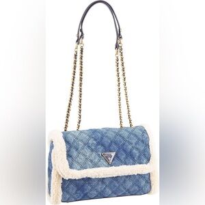 Guess Denim Cessily Convertible Quilted Crossbody Bag Jean Sherpa